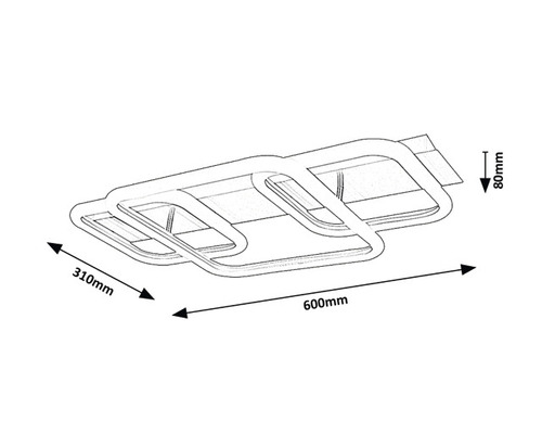 Schiță a unui portbagaj cu dimensiunile de 600 milimetri lungime, 310 milimetri lățime și 80 milimetri înălțime