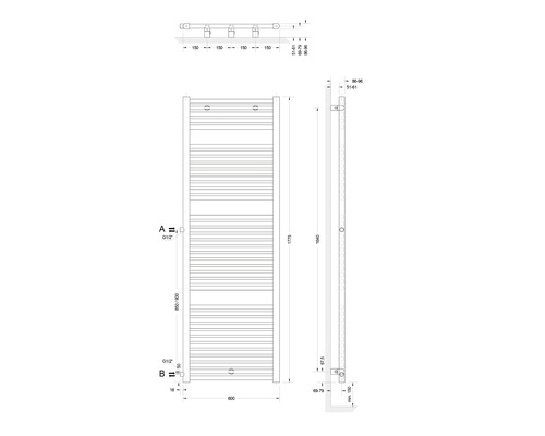 Desen tehnic al unui radiator de baie cu dimensiuni