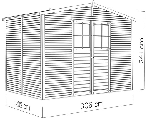 Imagine a unei căsuțe de grădină cu dimensiunile de 306 cm lățime, 202 cm adâncime și 241 cm înălțime.