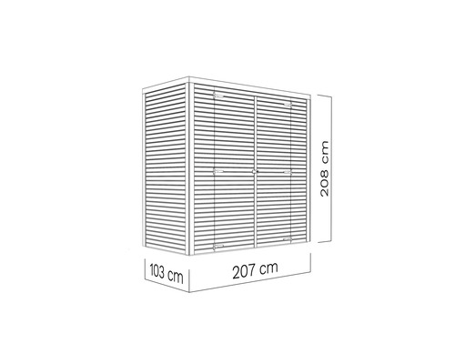 Dulap de grădină cu dimensiunile de 208 cm înălțime, 207 cm lățime și 103 cm adâncime.