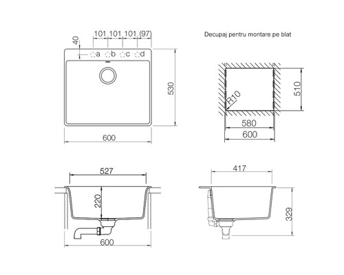 Desen tehnic chiuvetă cu dimensiuni