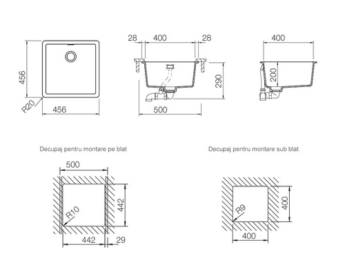 Desen tehnic cu dimensiunile chiuvetei pentru instalare