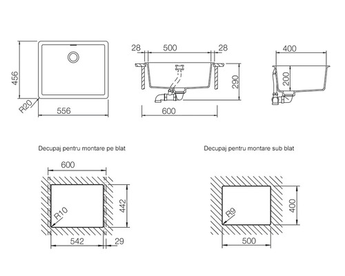 Desen tehnic al unei chiuvete cu dimensiuni pentru instalare