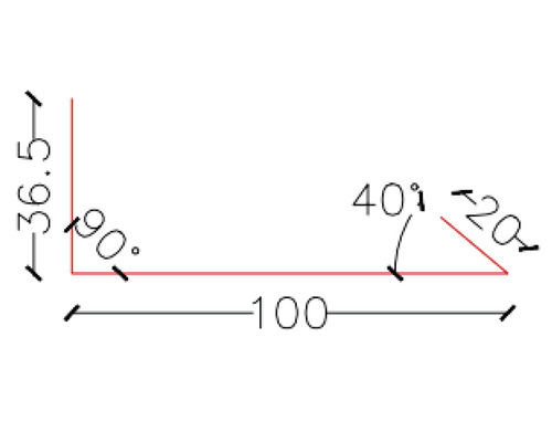 Desen tehnic al unui unghi cu dimensiunile 36,5, 100 și 20, precum și specificații de unghi de 90 de grade și 40 de grade