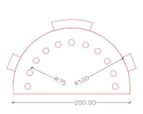 Desen tehnic al unei plăci perforate cu dimensiuni.