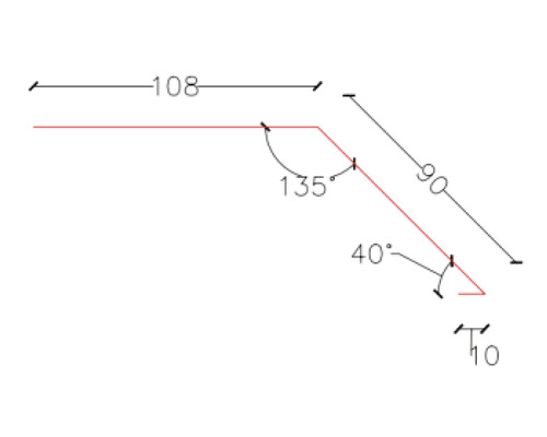Desen tehnic cu dimensiuni: 108, 90, 10, unghi de 135 grade, unghi de 40 grade
