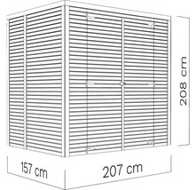 Ilustrație cu o magazie de scule cu dimensiunile de 207 pe 157 pe 208 centimetri