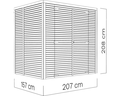 Ilustrație cu o magazie de scule cu dimensiunile de 207 pe 157 pe 208 centimetri