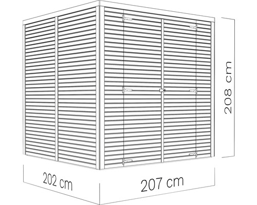 Imagine cu o magazie de grădină cu dimensiunile de 202 cm x 207 cm x 208 cm.