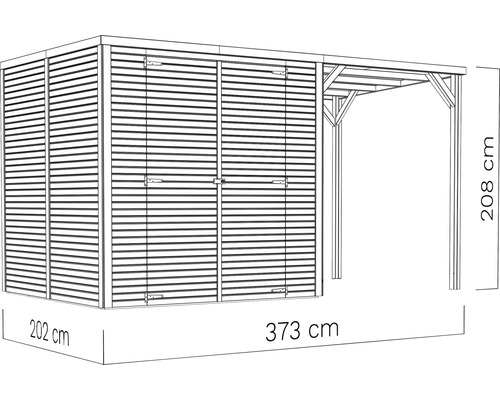 Șopron de lemn cu extensie și dimensiunile 202 x 373 x 208 cm