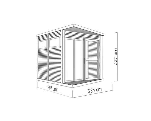 Imagine cu o căsuță de grădină cu dimensiunile 297 cm x 234 cm x 227 cm.