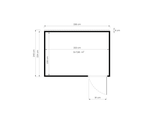 Plan cu dimensiuni: 240 cm înălțime, 336 cm lățime și 7,65 metri pătrați suprafață