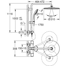 Sistem de duș cu termostat Grohe Euphoria XXL 310, duș fix 1 funcție, pară duș 3 funcții, furtun duș 175 cm, crom