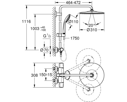 Desen tehnic al unui sistem de duș cu dimensiuni