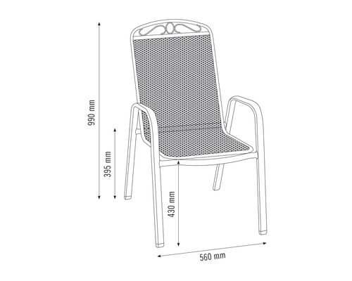 Desen tehnic al unui scaun de grădină cu dimensiunile 990 mm înălțime, 560 mm lățime, înălțimea șezutului 430 mm și înălțimea cotierei 395 mm.