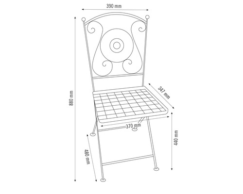 Desen tehnic al unui scaun de grădină cu dimensiuni