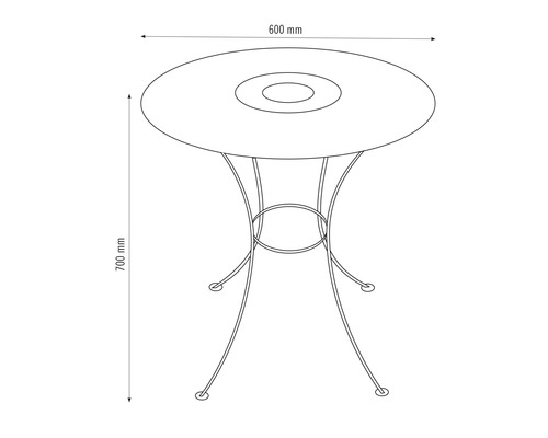 Desen tehnic al unei mese rotunde de grădină cu dimensiunile de 600 mm în diametru și 700 mm în înălțime.