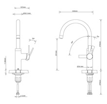 Desen tehnic al unei baterii de bucătărie cu dimensiuni