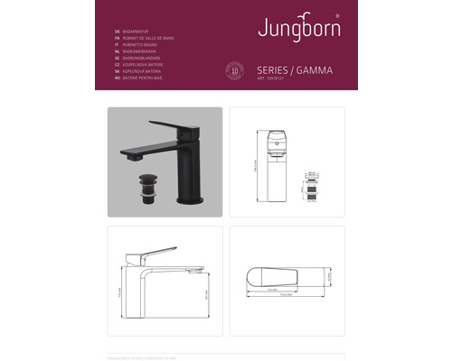 Baterie lavoar Jungborn Gamma cu set de scurgere și dimensiuni