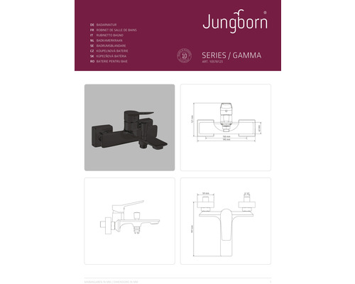 Baterie baie Jungborn Seria Gamma cu specificații de dimensiuni