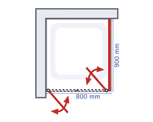 Desen tehnic al unei cabine de duș cu dimensiunile 800 mm și 900 mm