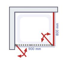 Schiță a unui duș cu dimensiunile de 900 mm pe 800 mm și zonă pivotantă