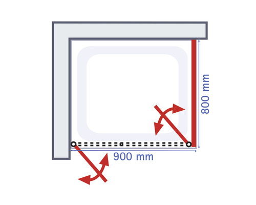Desen tehnic al unui duș cu dimensiunile de 900 mm pe 800 mm.