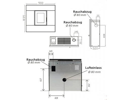 Desen tehnic al unui cuptor cu dimensiunile de evacuare a fumului și admisie de aer