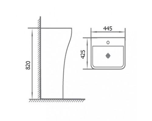Desen tehnic al unui lavoar cu dimensiunile 445 x 425 x 820 milimetri.