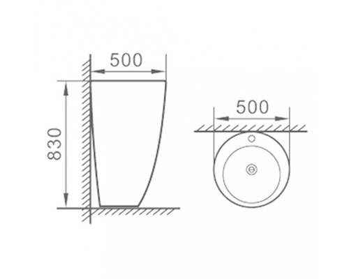 Desen tehnic al unui lavoar cu dimensiunile 500 și 830