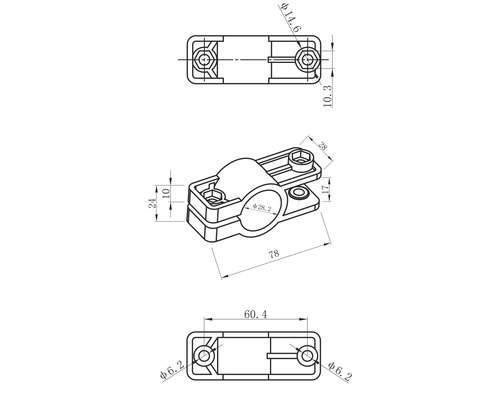 Desen tehnic al unei cleme de țeavă cu dimensiuni.