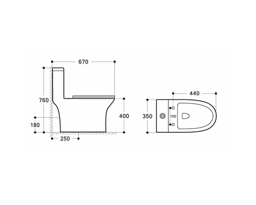 Desen tehnic al unui WC de podea cu dimensiuni în milimetri.