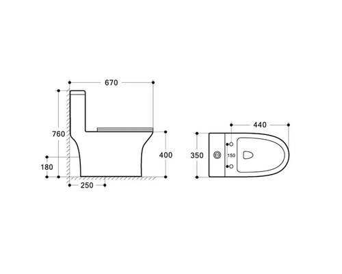 Desen tehnic al unui WC cu dimensiuni.
