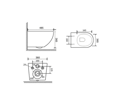 Desen tehnic al unui WC suspendat cu dimensiuni.