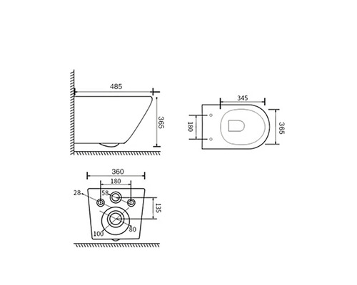 Desen tehnic al unui WC suspendat cu dimensiuni