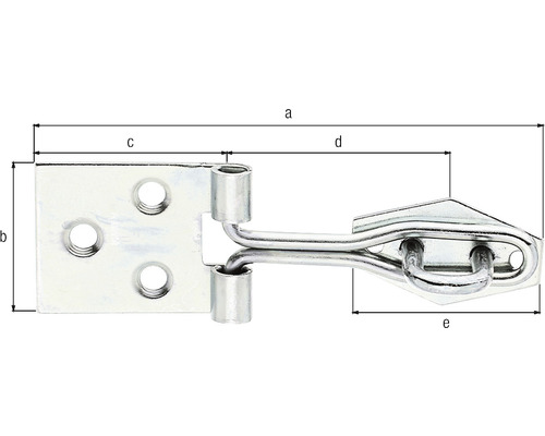 Cârlig de ușă cu dimensiunile a, b, c, d și e