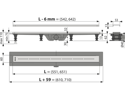 Desen tehnic al unui canal de duș cu dimensiuni