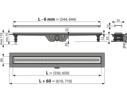Desen tehnic al unui canal de duș cu dimensiuni