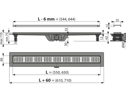 Desen tehnic cu dimensiunile unui canal de duș