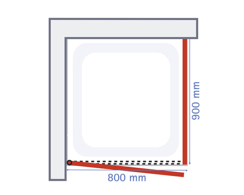 Desen tehnic al unei cabine de duș cu dimensiunile de 900 mm pe 800 mm