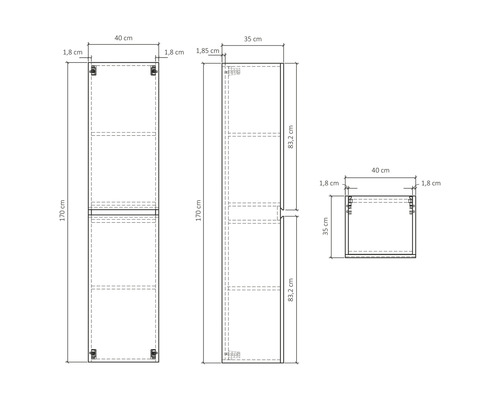 Desen tehnic al unui dulap înalt cu dimensiunile de 170 pe 40 pe 35 de centimetri.