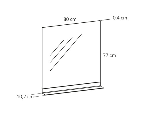 Ilustrație a unei oglinzi cu raft și dimensiuni.