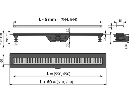 Desen tehnic al unui canal de duș cu dimensiuni.