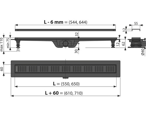 Desen tehnic al unui canal de duș cu dimensiuni indicate