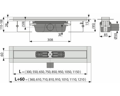 Desen tehnic al unui canal de duș cu dimensiuni