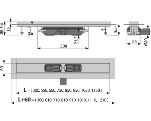 Desen tehnic al unui canal de duș cu dimensiuni.