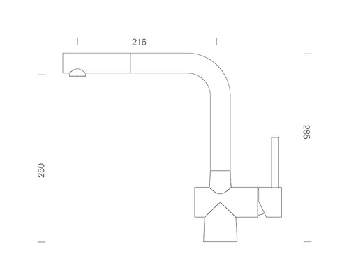 Desen tehnic al unei baterii de bucătărie cu dimensiuni
