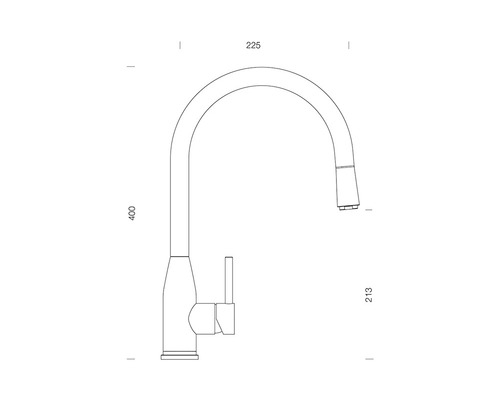 Desen tehnic al unei baterii de bucătărie cu gura de scurgere, cu dimensiuni indicate.