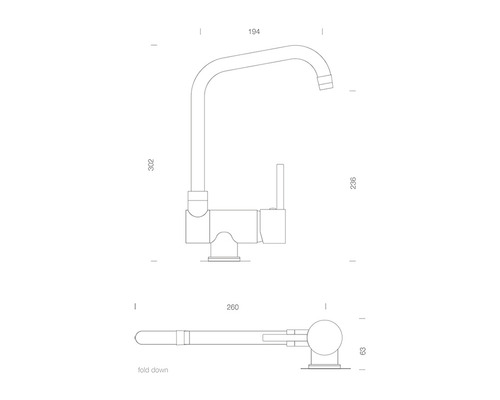 Desen tehnic al unei baterii de bucătărie cu dimensiuni