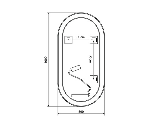 Desen tehnic al unei oglinzi ovale cu dimensiunile de 1000 x 500 mm și puncte de fixare